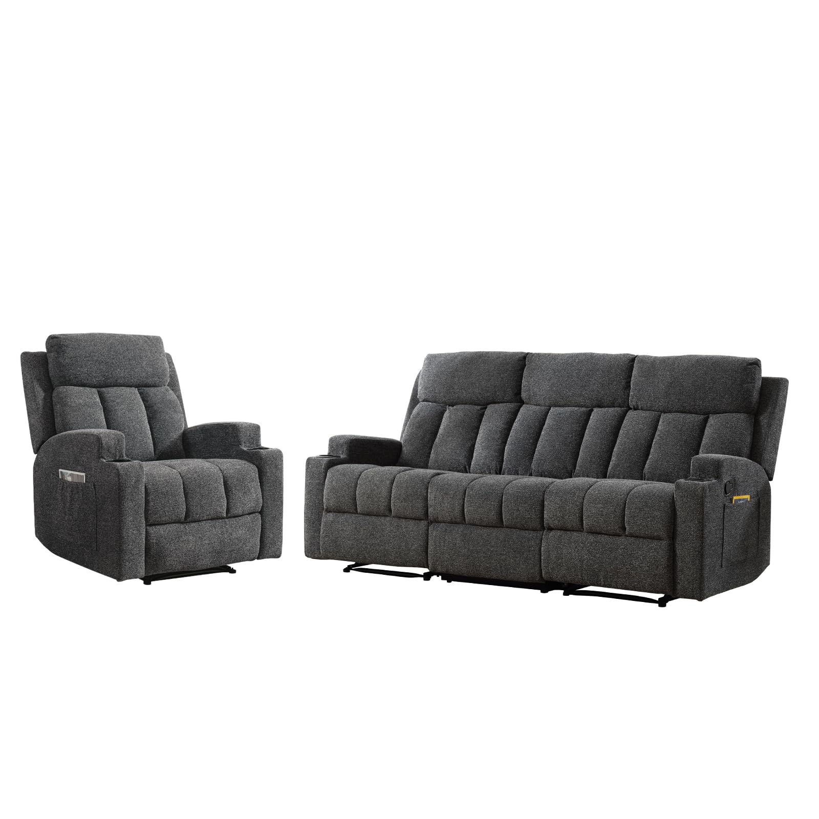 CANMOV Manual Recliner Sofa Set, Fabric Recliner Living Room Furniture Sets, 1 Seat Reclining Chair and a 3 Seat Sofa Furniture Set with Side Pockets and Cup Holders, Dark Grey view 8