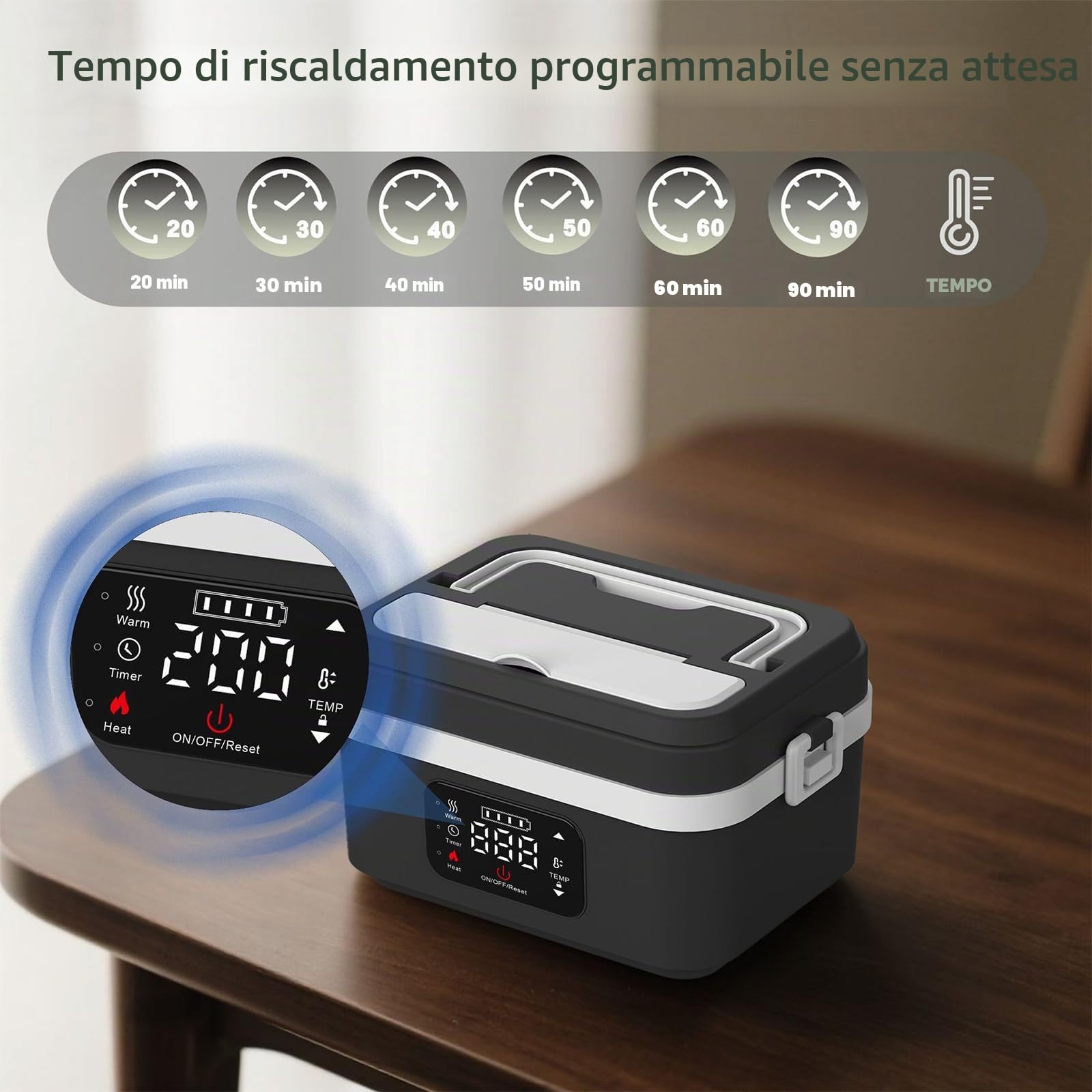 Ciotola riscaldante con batteria, 1L rimovibile in acciaio inossidabile, lunch box riscaldante con riscaldamento programmabile, lunch box elettrica ricaricabile per viaggio, ufficio, scuola, auto (B)