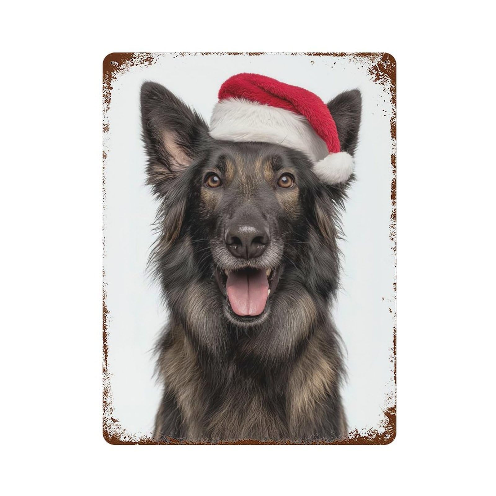 Garage Style Belgian Sheepdog with Santa Hat Portrait Rusty Metal Tin Sign 15.7"x11.8", Farmhouse Wall Decor for Bar And Workshop