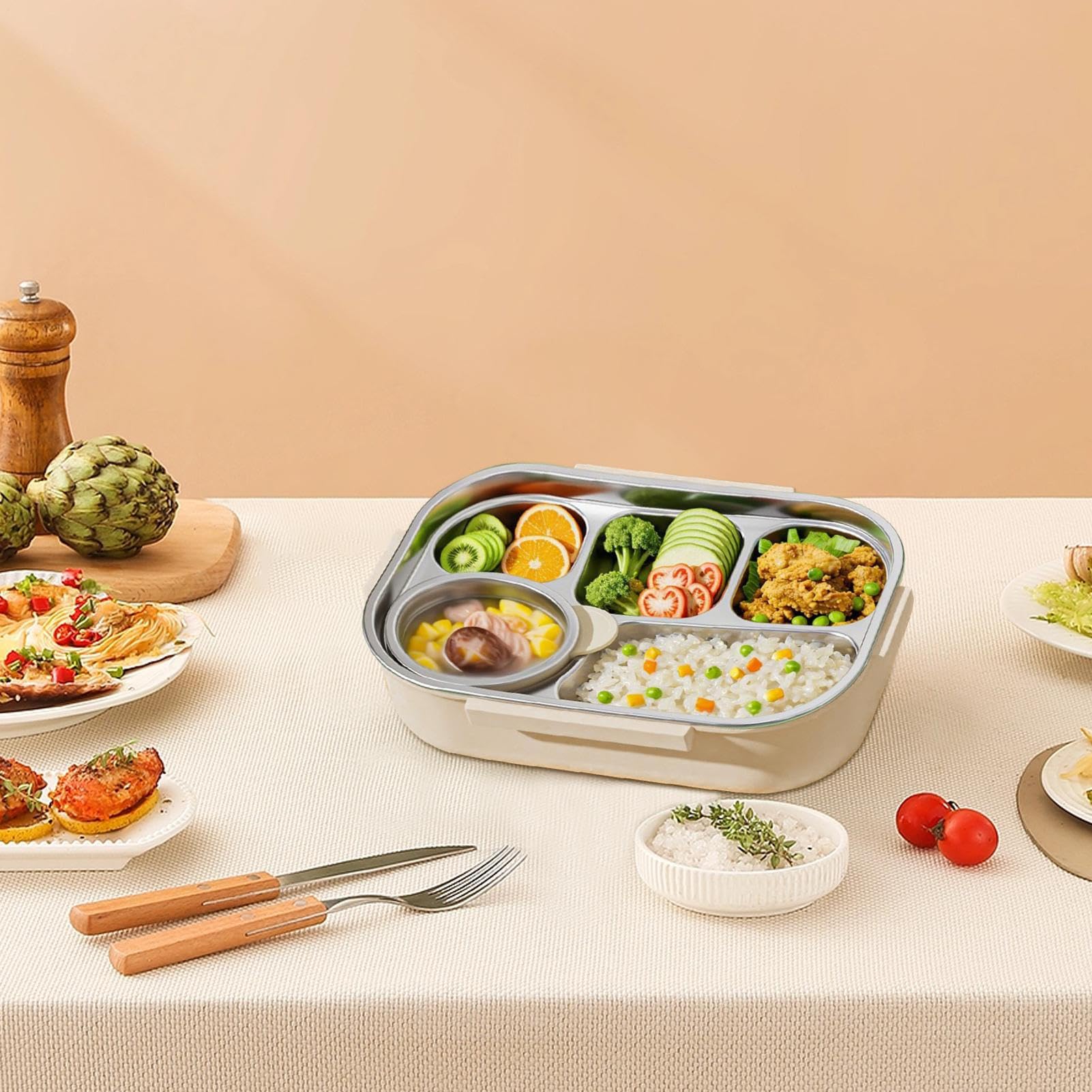 Lunchbox Z Pojemnikami Pudełko Na Żywność, Sztućce, Przekąski,