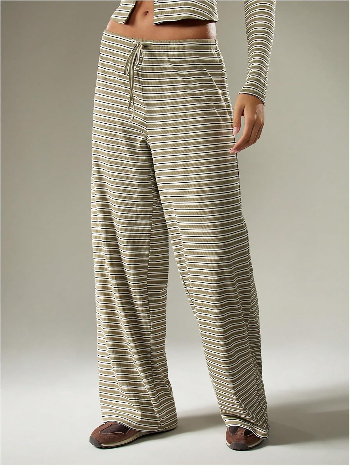 SweatyRocks Women's Striped 2 Piece Outfit Button Down Long Sleeve Knit Top Lounge Set Leisure