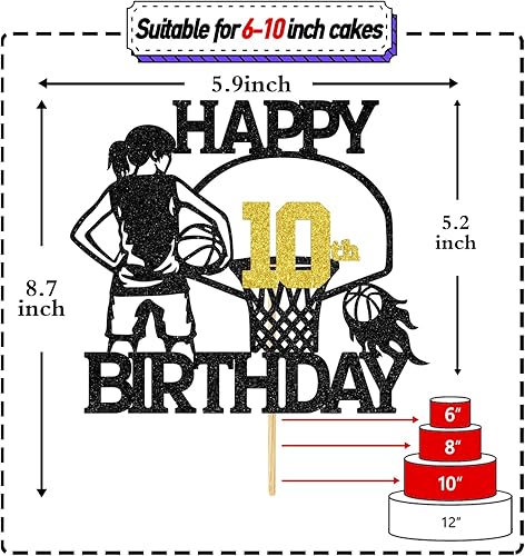Miniatura 2 de Tivurcia Decoración de pastel de baloncesto con texto en inglés "Happy 10th Birthday", decoración de pasteles de felicitación a 10 años, temática