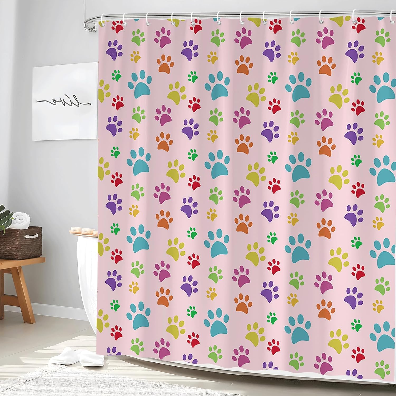 Dog Paw Print Shower Curtain Colorful Funny Cute Dog Pet Lovers Modern Footprint Animal Puppy Cat Kitten Claw Prints Fabric Bathroom Accessories Set with Hooks 70W x 90H inch
