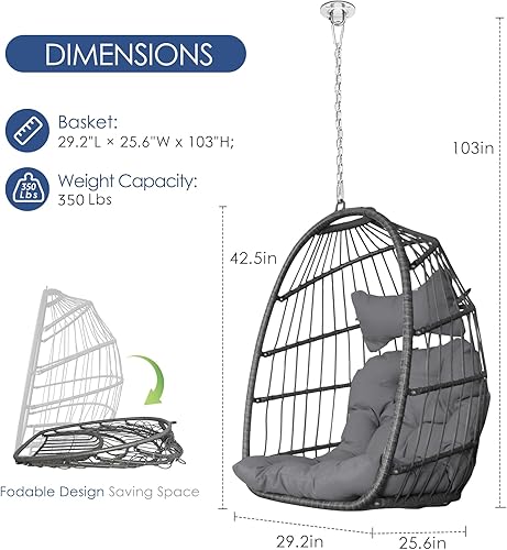 Miniatura 5 de NICESOUL Silla colgante de mimbre para patio interior y exterior, hamaca con cesta de huevos, cojines resistentes a los rayos UV, capacidad de 265
