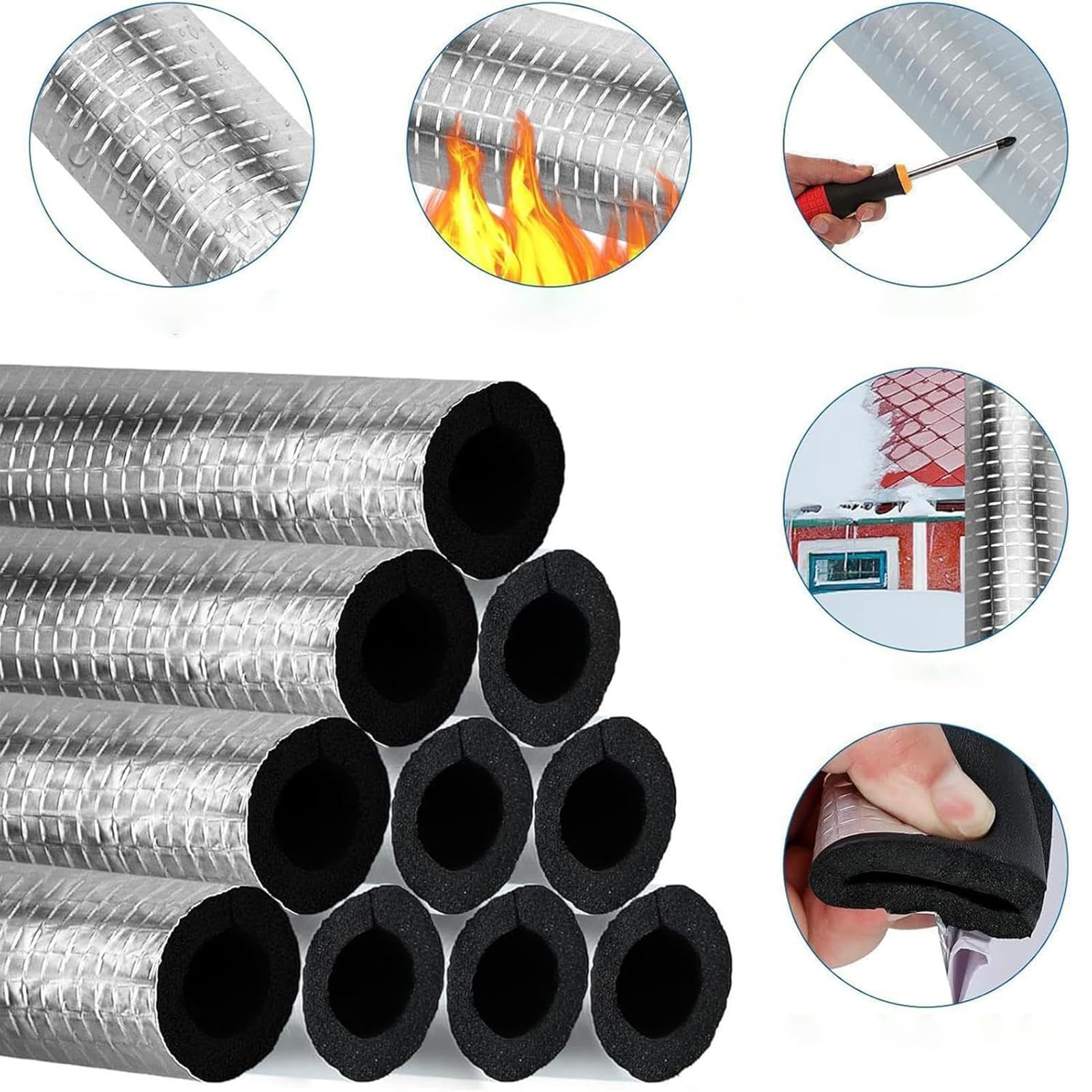 Fundas de Aislamiento Térmico para Tuberías Exteriores Coquilla Aislante De Papel De Aluminio Autoadhesivo Aislante Tubo Espuma Anticongelante Manguera (ID) 219mm x (T) 30mm x (L) 0.95m