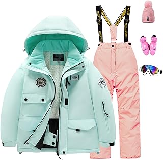Niños Traje de Esquí Cálida Impermeable Conjunto de Nieve 5 Piezas Chaqueta+Pantalón+Guantes+Sombrero+Espejo de Esquí