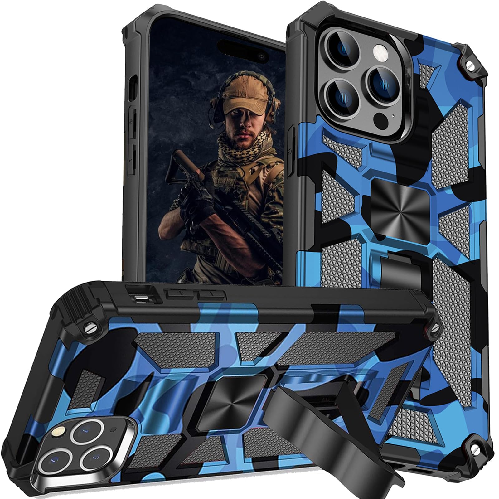 Ysnzaq Camo Case for iPhone 16 Pro Max, Military Grade Shockproof Protective, Camouflage Phone Cover with Stand for iPhone 16 Pro Max MC Navy Blue
