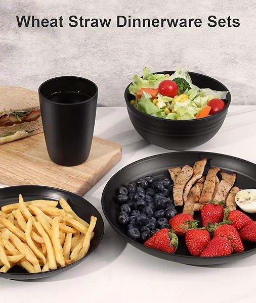 Quatish 24 Piece Plates and Bowls Sets for 6, Unbreakable Dinnerware Sets, Plastic Dish Set for Camping, Dishwasher Microwave Safe, Outdoor Kitchen and Apartment Dinning RV Essentials, Black