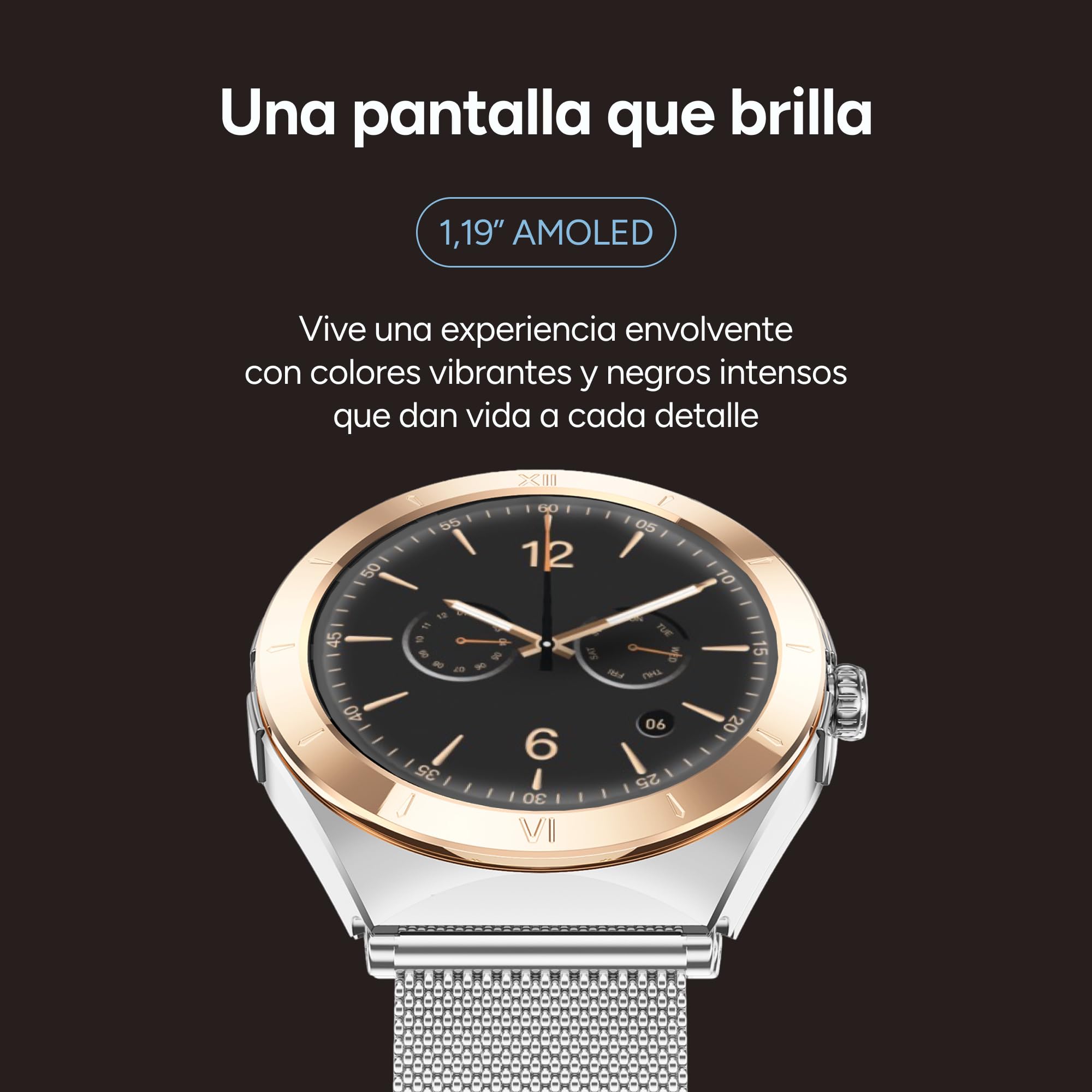 KSIX LYA Go Smartwatch Mujer, Pantalla AMOLED 1.19", Autonomía 5 días, Modos Deporte y Salud, Notificaciones, Llamadas, Asistente de Voz, 2 Correas Metal y Silicona - Plata y Beige