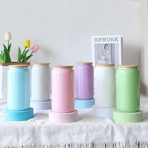 Miniatura 8 de Paquete de 30 vasos de vidrio de sublimación con tapas y pajitas, vasos de cerveza de sublimación brillante de 16 onzas, vasos de vidrio iridiscente