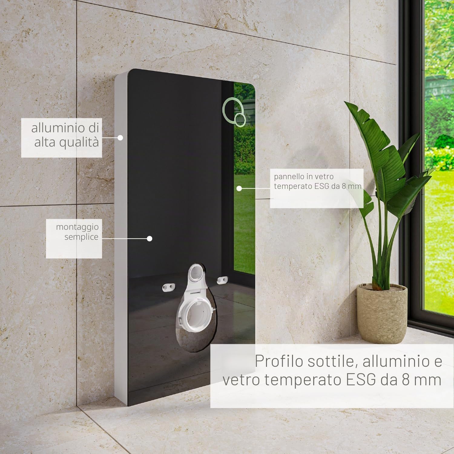 sistema modulo sanitario 805 di installazione per WC vaso sospeso a parete esterno- con pulsante di scarico - in alluminio e vetro nero - cassetta monoblocco - bella e funzionale