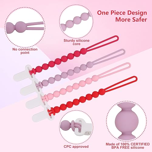 Miniatura 3 de Paquete de 4 clips de silicona para chupete con cuentas de una sola pieza para bebés, niños y niñas, soportes flexibles y libres de óxido para