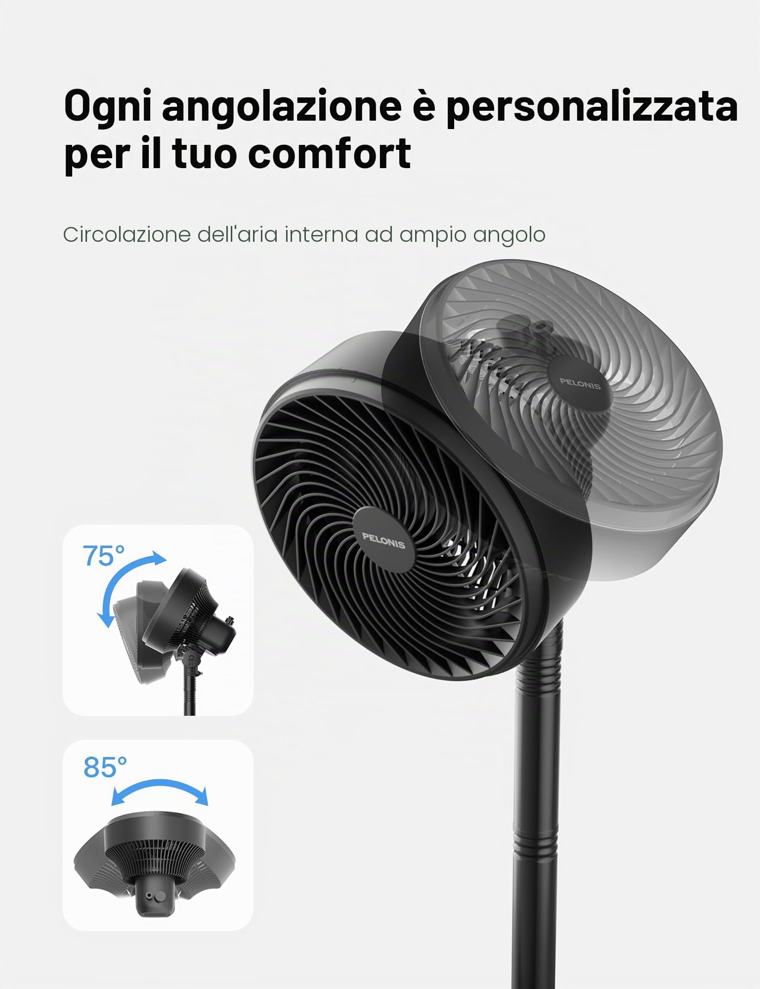 PELONIS Ventilatore a Colonna Altezza Regolabile 4 Livelli, Ultra Silenzioso con Oscillazione 90° & 3 Velocità per Camera, Ufficio
