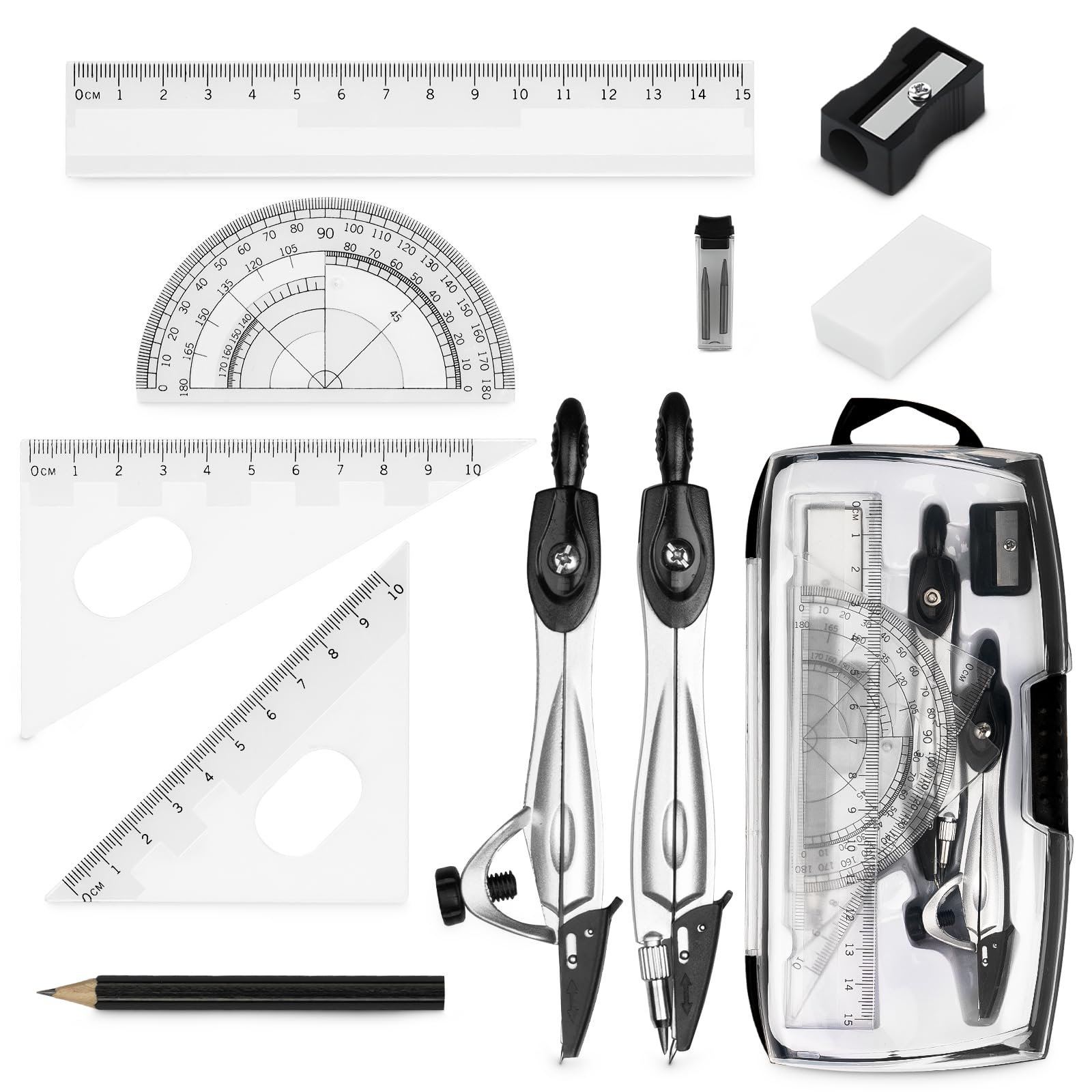 GALAMAX 10pcs Maths Set, Protractor And Compass Set, Geometry Sets for Secondary School Ruler Set For Drafting And Drawing Including Rulers Pencil Eraser Sharpener Storage Case School Supplies