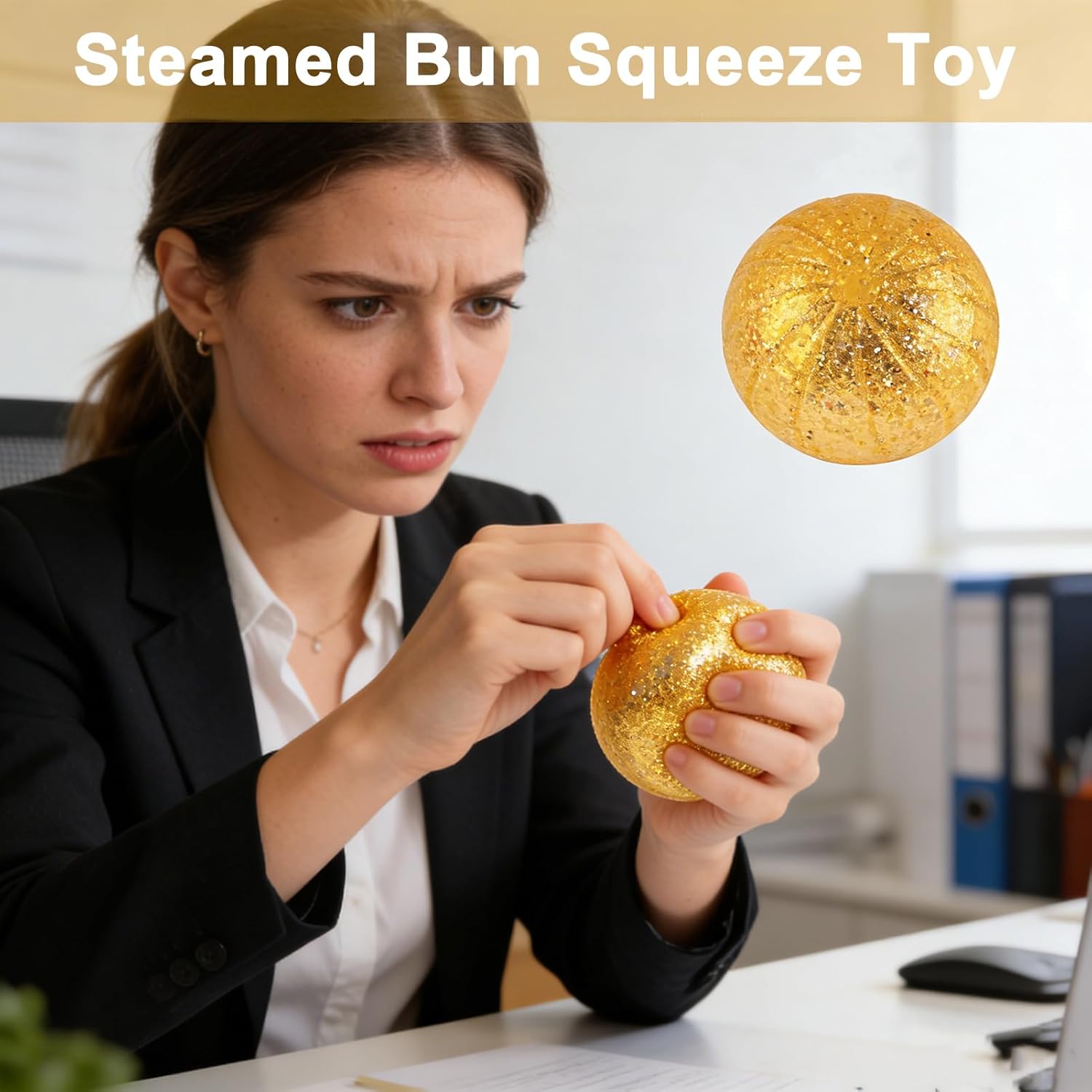 Bun Squeeze Toy, Clear Steamed Bun Toy with Glitter Stress Relief Slow Rising Simulated Bun Sensory Toy Relaxation Soft Stress Ball Bun Squeeze Fidget Toy (Yellow)
