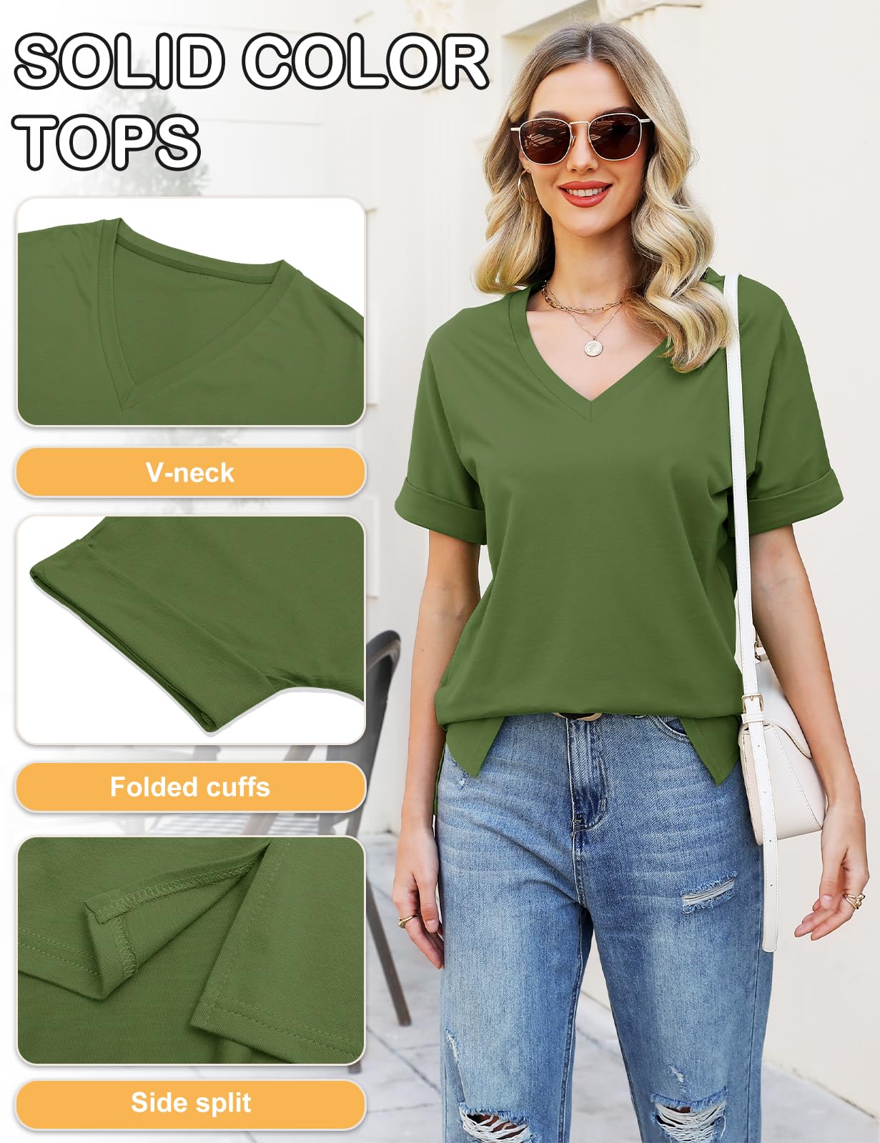 CMTOP T-Shirt Donna Estiva Cotone V Scollo Tinta Unita Maglietta Manica Corta Top Casual Case Camicie Orlo Arrotondato Lungo per Feste Casual Maglietta da Donna Allentate