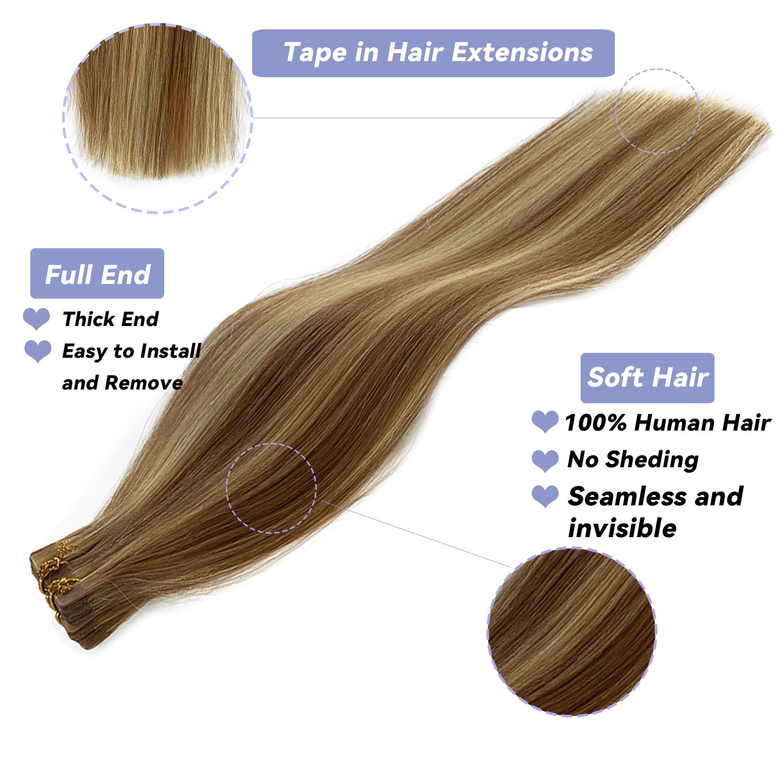 Tape in Golden Brown Hair with Blonde Mixed Real Hair Highlights Human Remy Hair Extensions Silky Straight Seamless Skin Weft 18