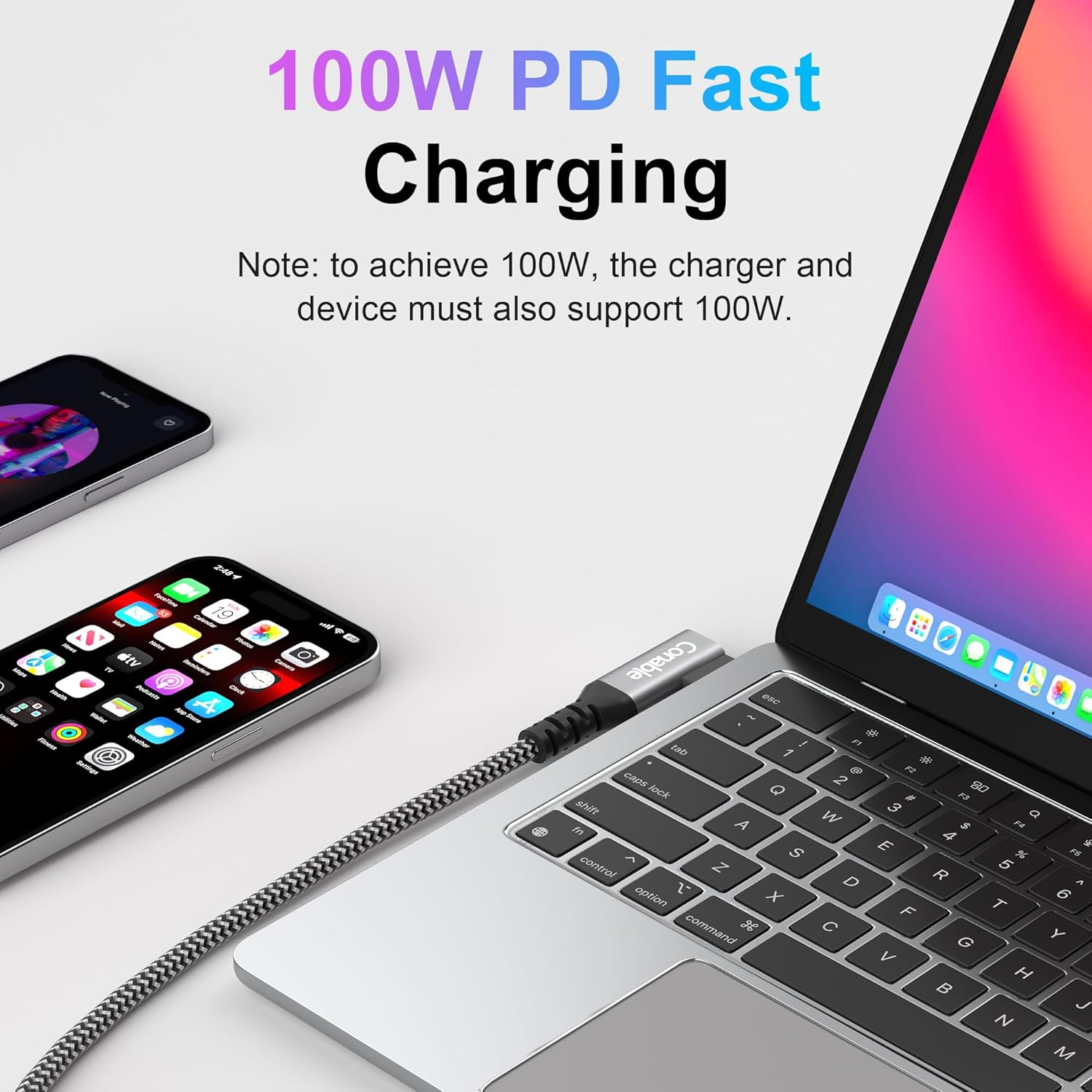 2FT USB C Cable 90 Degree, USB C 3.1 Gen 2 Cable, 4K Monitor Video Output, 10Gbps High Speed Data Transfer, 100W Fast Charging, Compatible with iPhone 17, MacBook, Dell XPS, CarPlay, Portable Monitor - Image 3