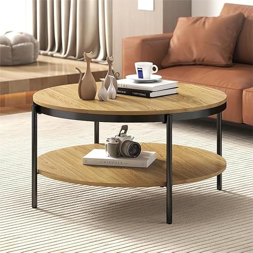 Manora Couchtisch Rund Holz, Runder wohnzimmertisch Klein 80 cm,Sofatisch mit stauraum 2 Ebenen, Eiche-Optik Metallfüße mit Stahlrahmen(Hell Eiche)