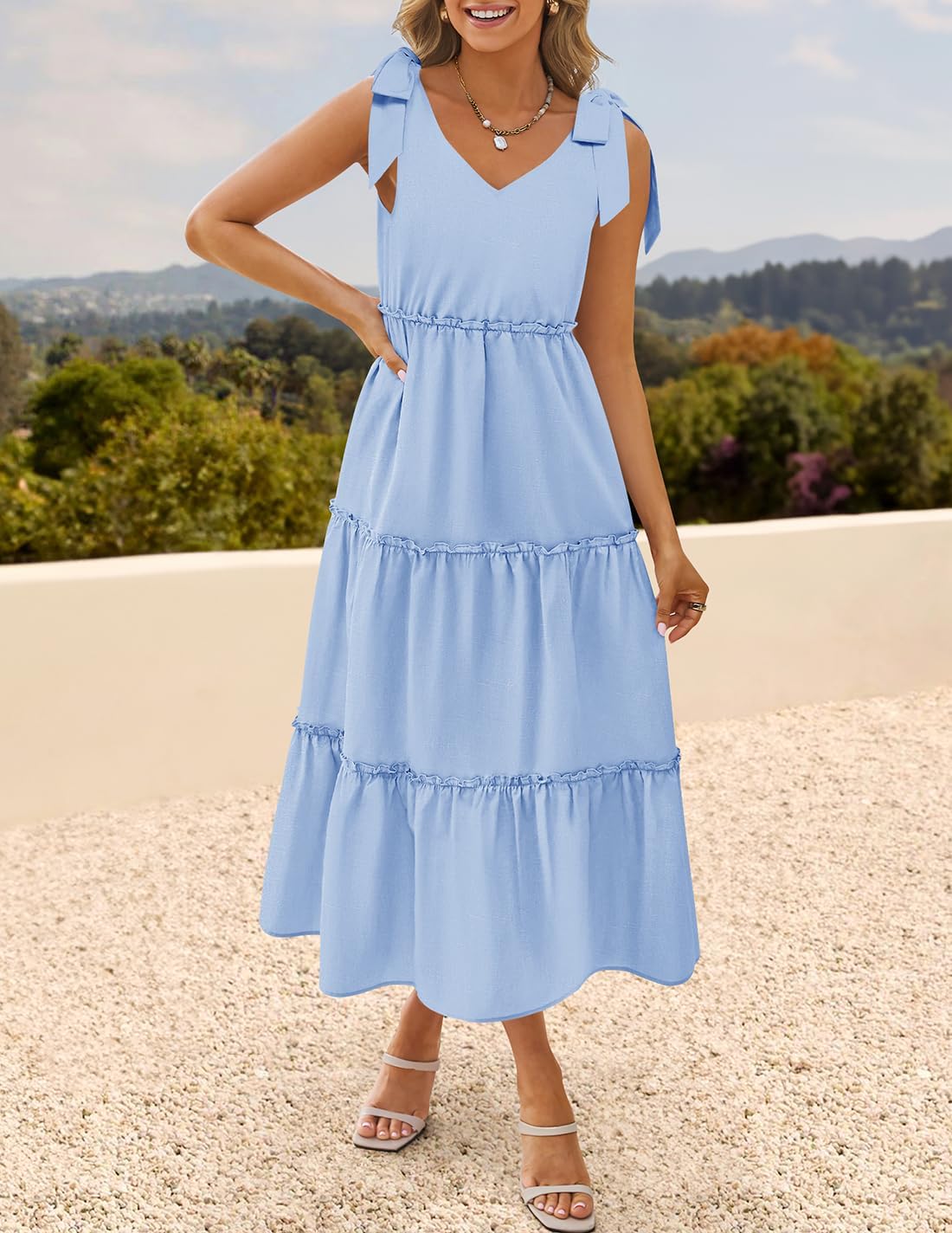 ZESICA Women's 2026 Summer Boho Sleeveless Midi Dresses Casual V Neck Spaghetti Strap Flowy A Line Tiered Beach Long Sundress - Image 3