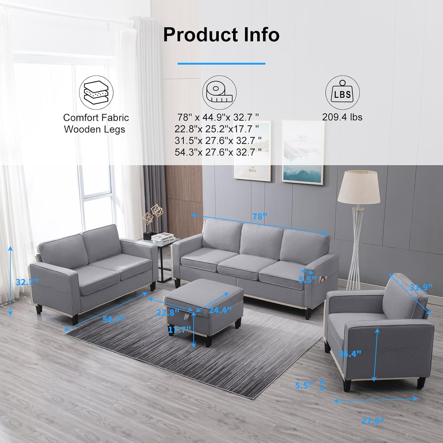 PUREMIND 3 Piece Living Room Couch Set, Modern Linen L Shaped Sofa and Loveseat and Chair Set with Storage Ottoman and Side Pocket, Sectional Couches for Living Room