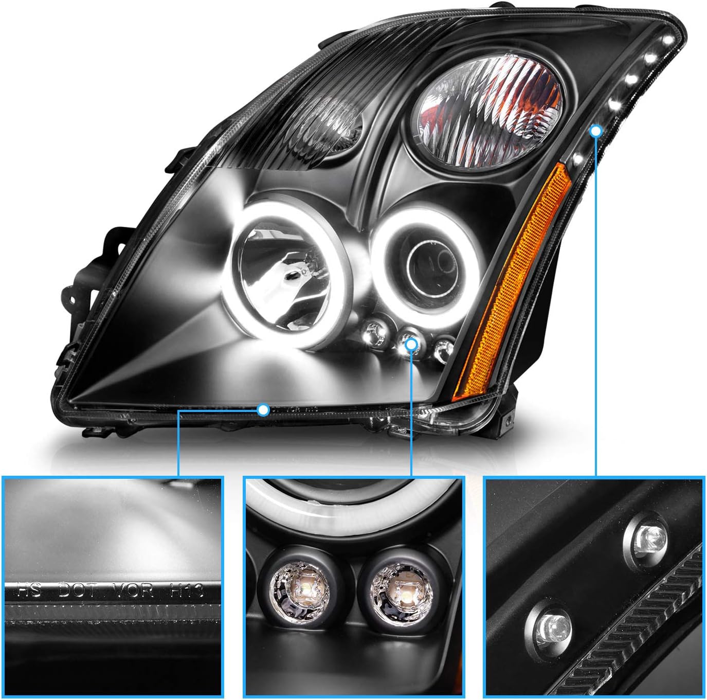 AmeriLite for 2007-2012 Nissan Sentra Black Replacement Projector Xtreme LED Halo Ring Headlights Assembly Set - Passenger and Driver Side