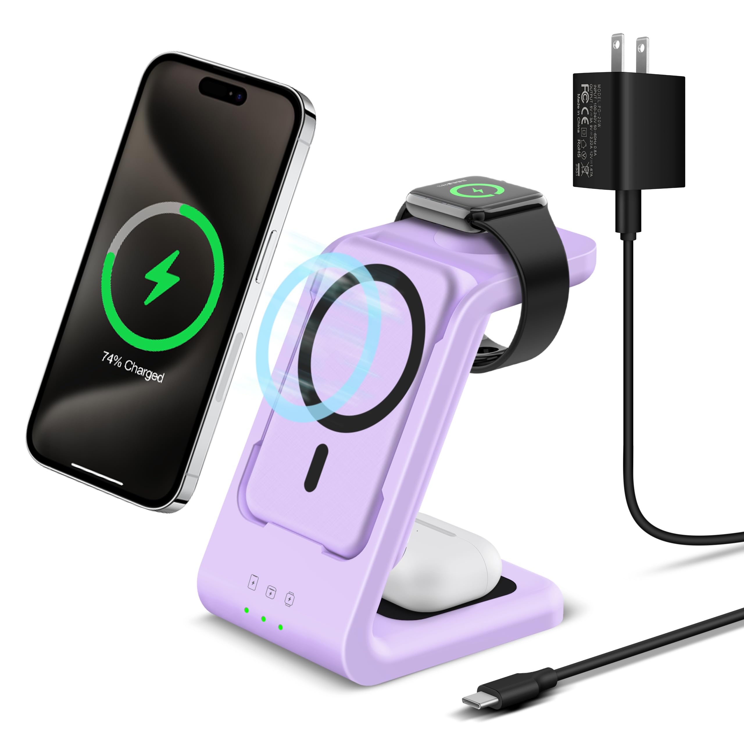 Smtcsl 3 in 1 Wireless Charging Station: 5000mAh Removable Power Bank Charger Stand for Phone/Watch/Air Pods - Portable Magnetic Battery Pack for Air 17 16 15 14 13 12 Series Purple