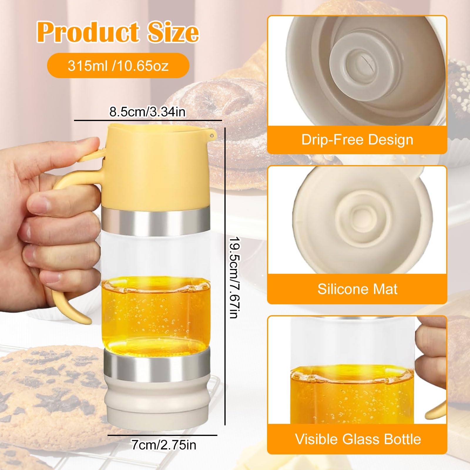 Dosatore Miele In Vetro 315Ml, 10,65Oz Dispenser Miele Antigoccia, Barattolo Per Miele In Vetro Borosilicato, Con Coperchio Superiore e Inferiore Rimovibile, Lavabile In Lavastoviglie (Giallo)