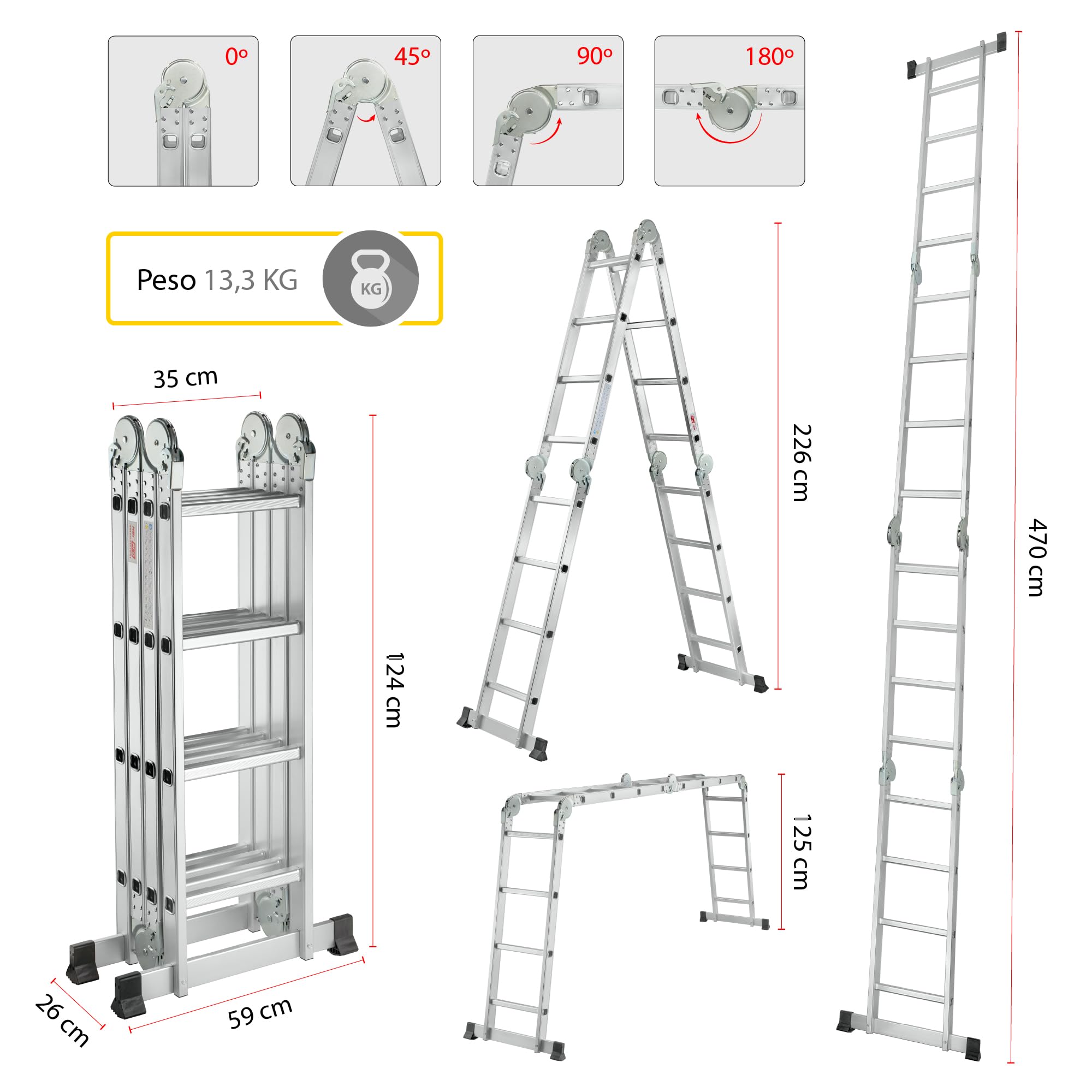 Escalera Multifunción Articulada Plegable de Aluminio de 4x4 hasta 4,70 Metros y hasta 150 kg