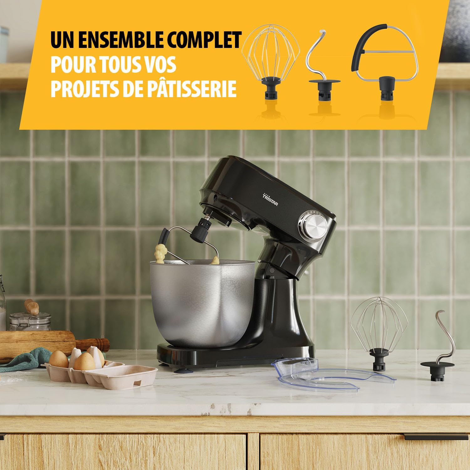 Robot Pâtissier Tristar avec Bol en Acier Inoxydable de 4,5 L, Puissance 800 W, 12 Vitesses avec Fonction Pulse, Tête Inclinable, Couvercle Anti-Éclaboussures, MX-4870