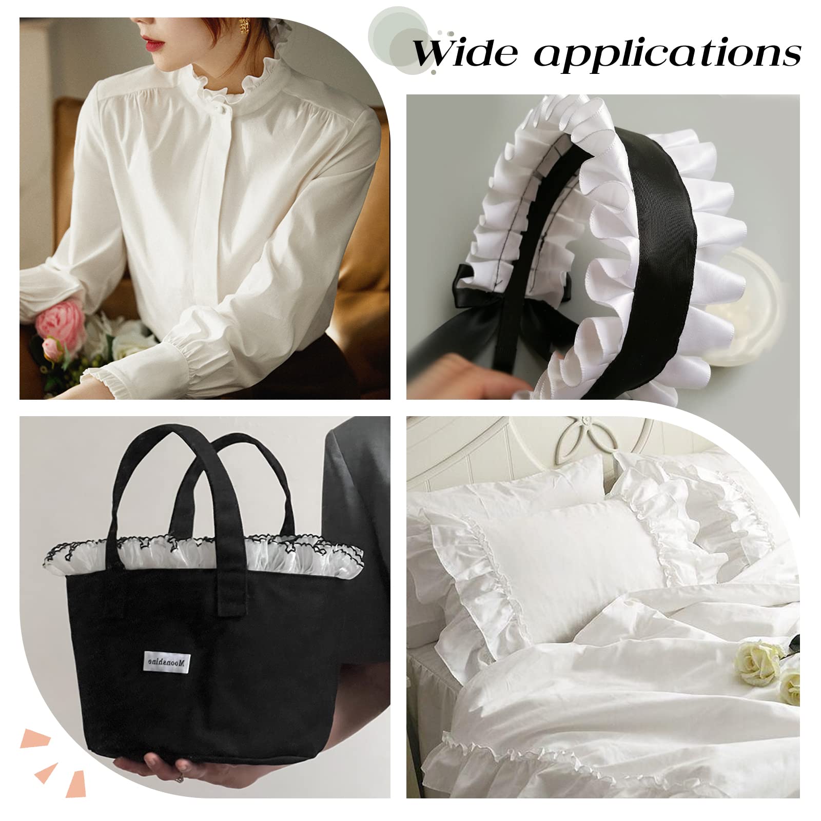 FINGERINSPIRE 18.3m 4Styles Double Ruffle Lace Trim 10/15/20/25mm Wide Black Fiber Lace Ribbon Jewelry Making Plissé Mousseline De Soie Élastique Dentelle Garniture Pour Couture DIY Emballage Cadeau