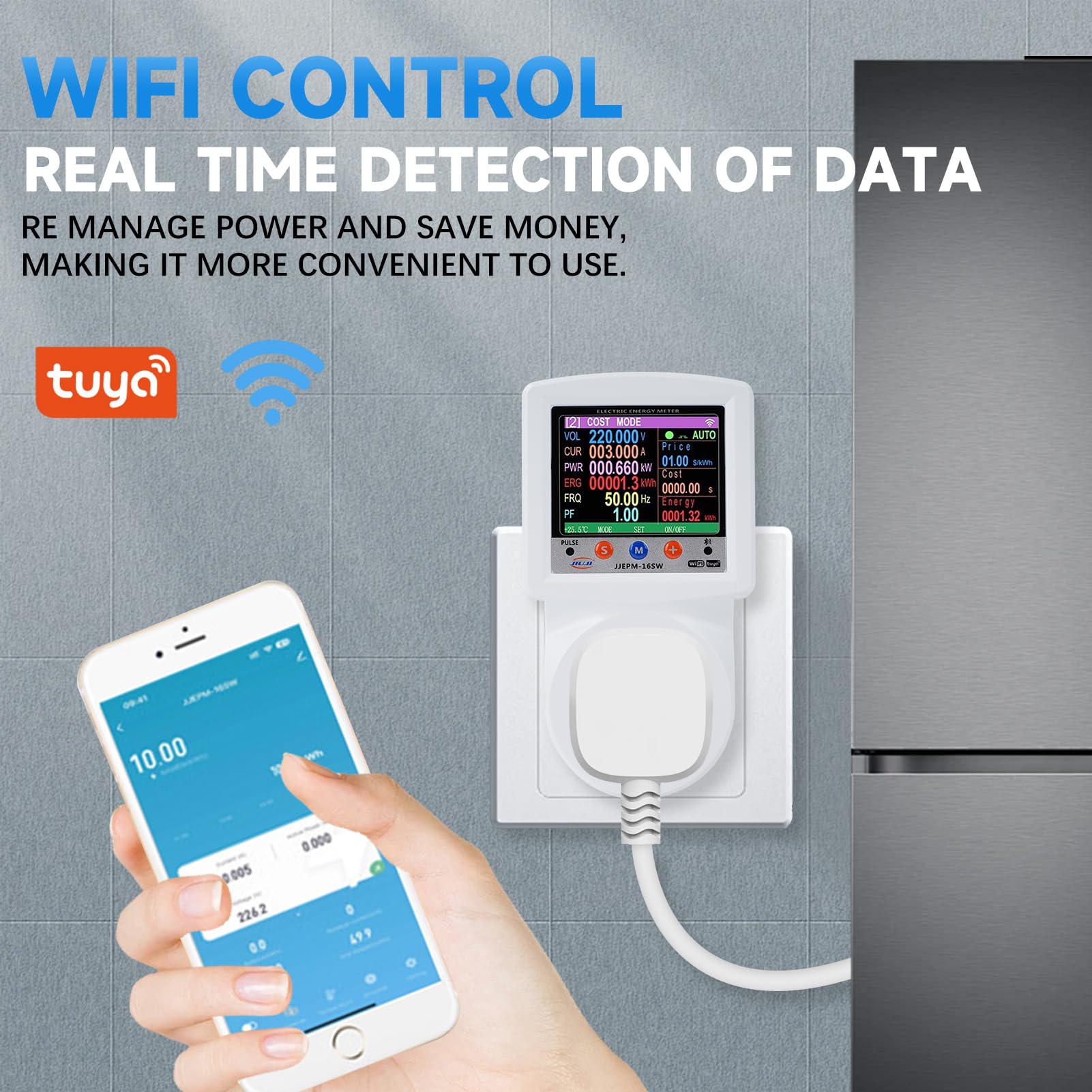 Jadeshay Wattmètre Prise Compteur d'Énergie WiFi Prise Consommation Electrique avec 8 Modes réglables, Écran LCD, Protection de Tension et de Courant 16A 230VAC, Contrôle Tuya APP