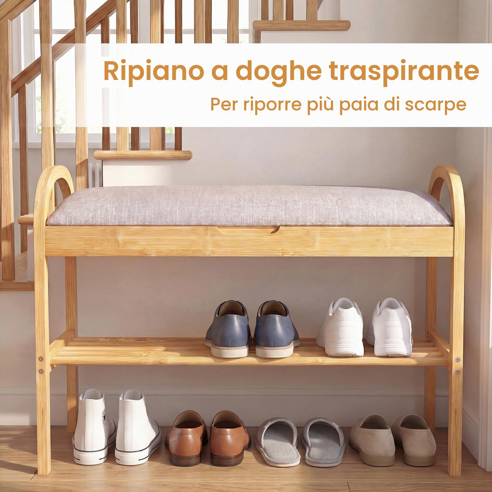SOARS Panca Scarpiera da Ingresso in Legno Bambù 2 Livelli con Contenitore | Panca Imbottita Porta Scarpe per Corridoio, Camera da Letto e Soggiorno, Carico 150 kg, 70 x 30 x 51 cm