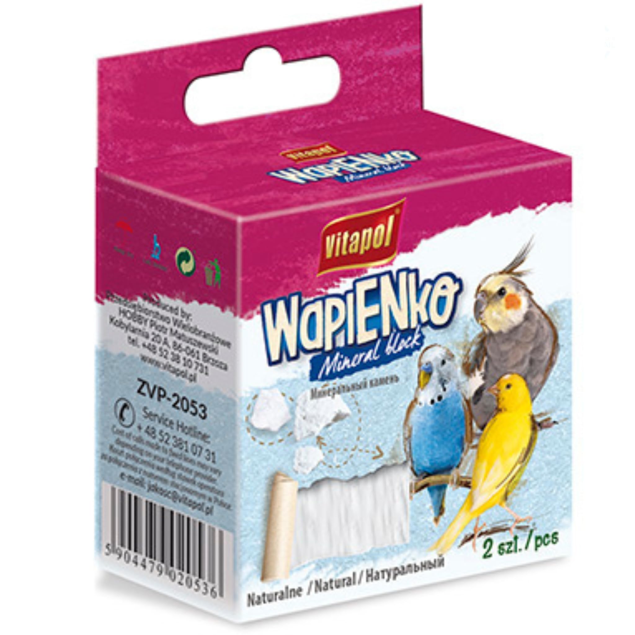 Vitapol Wapienko Bird Calcium Block – Natural Supplement for Beak Health & Eggshell Strength – Twin Pack – Hanging Mineral Block for Parrots, Budgies & Small Birds (4x, Natural, 70g)