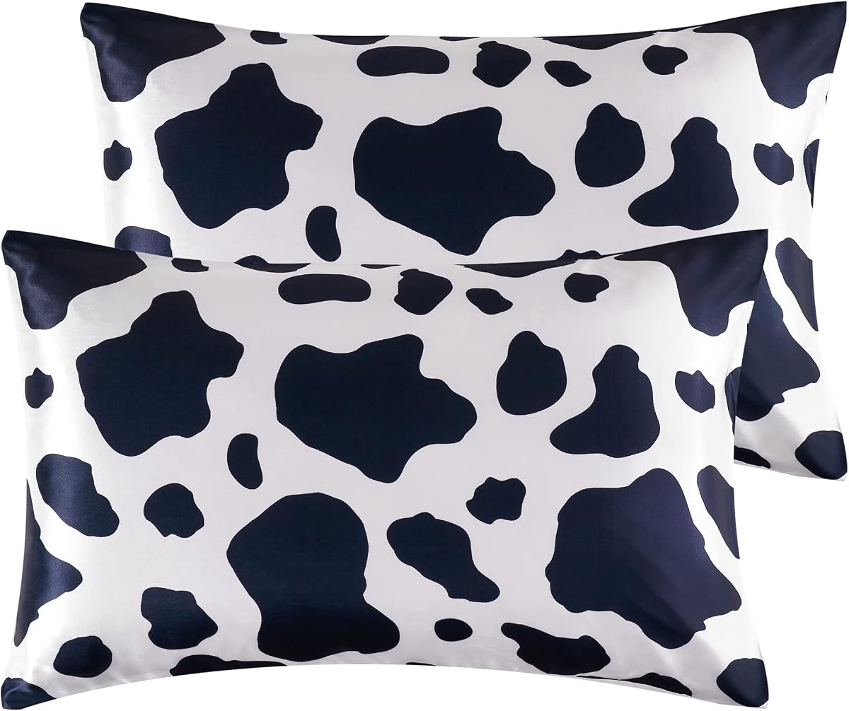 Satin Pillowcase for Hair and Skin, Cow Print Pillow Cases 2 Pack King Satin Pillowcase Set of 2 Cooling Silky Cow Pillowcase with Envelope Closure (20x36 inches, Black and White)