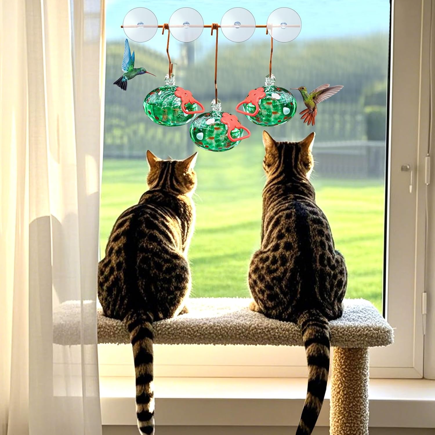 Window Hummingbird Feeder with Suction Cups,Hand-Blown Glass Hummingbird Feeders for Outdoors Window Mounted with Metal Hook,Close Bird Watching,Finch in Garden,Yard(Green) - Image 6
