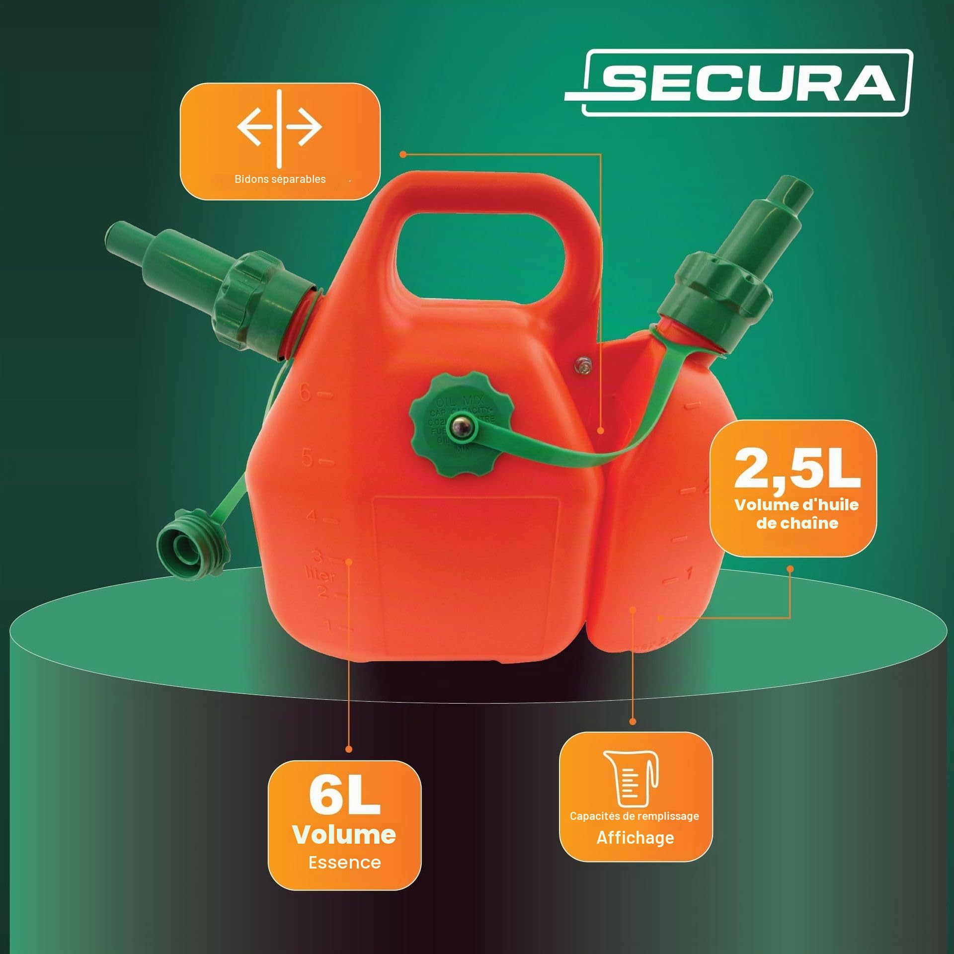 SECURA Bidon combiné 6L essence + 2,5L huile avec verseur automatique pour tronçonneuse