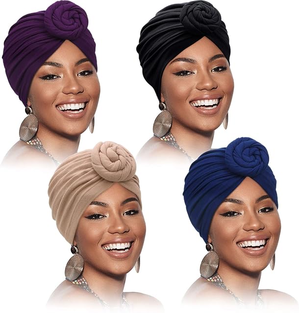 4 Pieces African Pattern Headwrap Pre-Tied Bonnet Turban Knot Beanie Cap Headwrap Hat