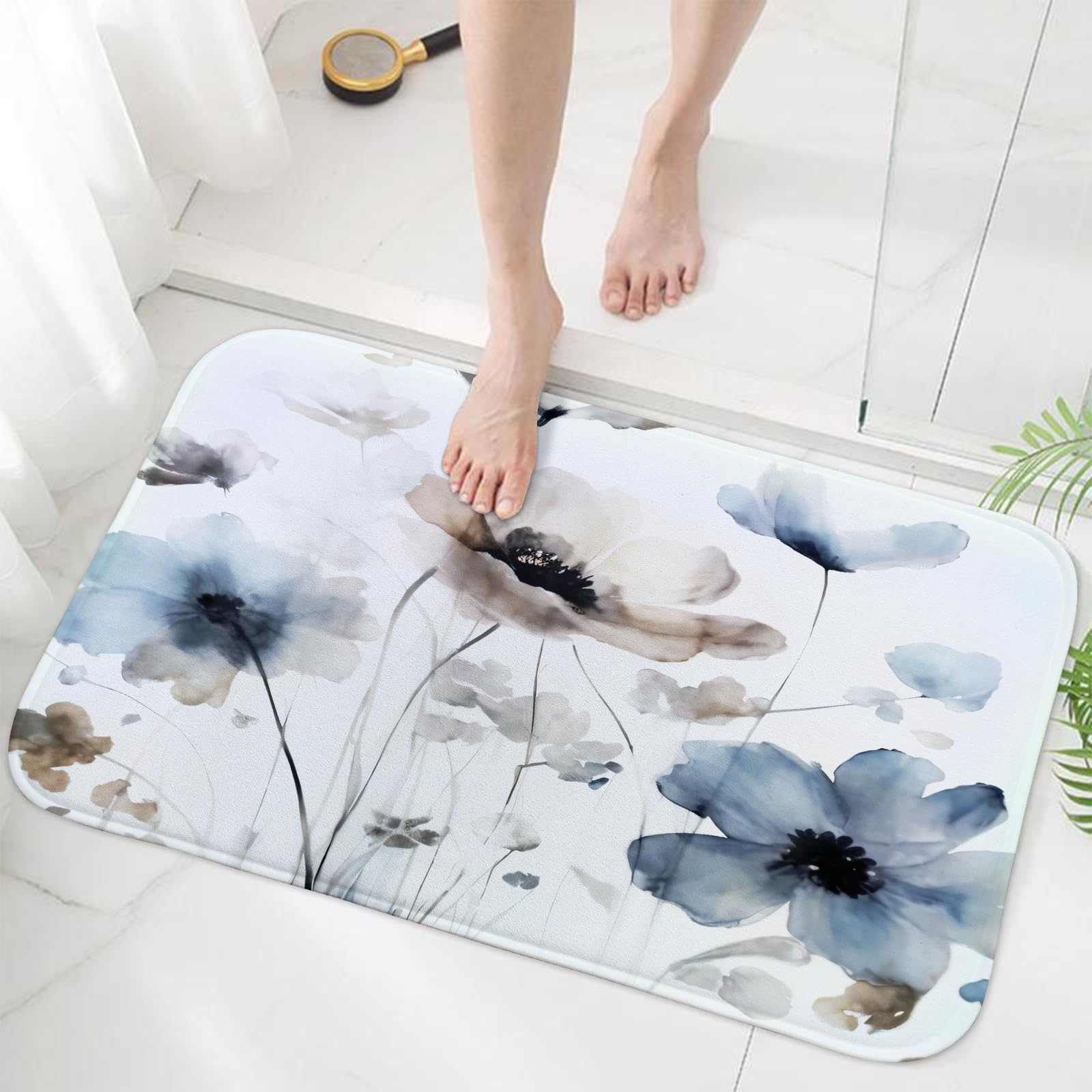Alfombra de baño bohemia con diseño floral para baño, color crema, marrón, beige, azul, gris, blanco, acuarela, para baño, tapetes antideslizantes para cocina, decoración de interiores, accesorios de 2