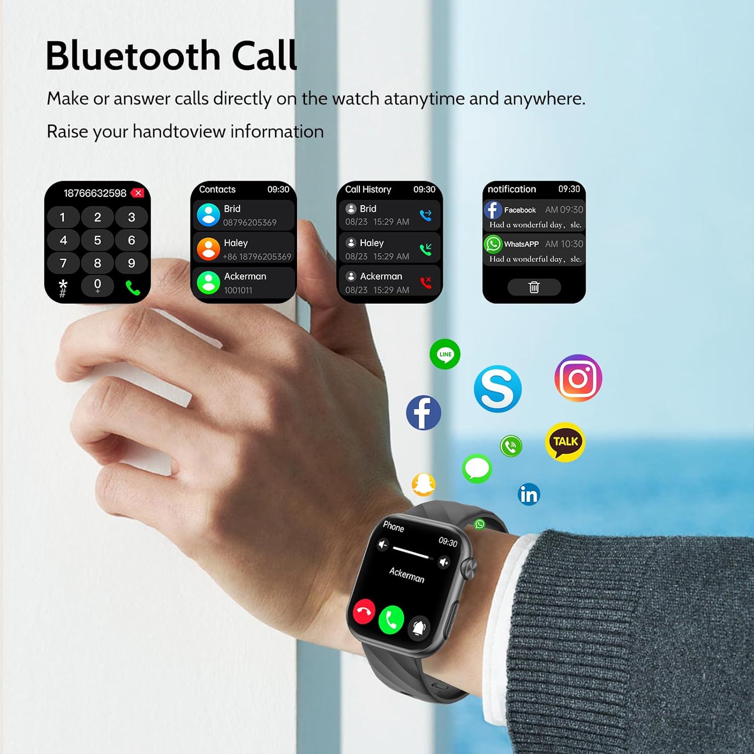Smartwatch display showing body composition and blood components, with a smartphone displaying related app data