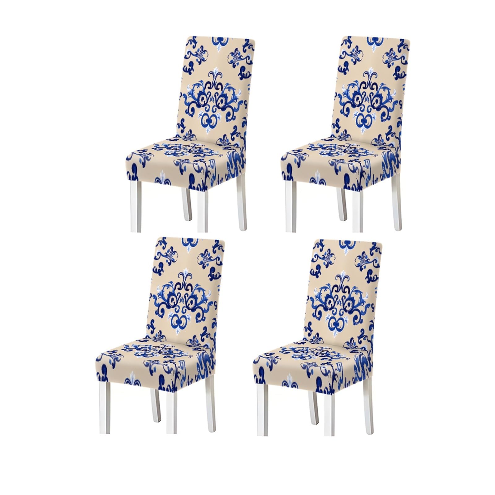 FZJKGH Beige Blue Baroque Damask Floral Pattern Print Dining Chair Covers Set Of 2/4/6, Stretch Slipcovers For Kitchen Dining Room Removable Stretch Slipcovers for Dining Chairs(4PCSChair cover)