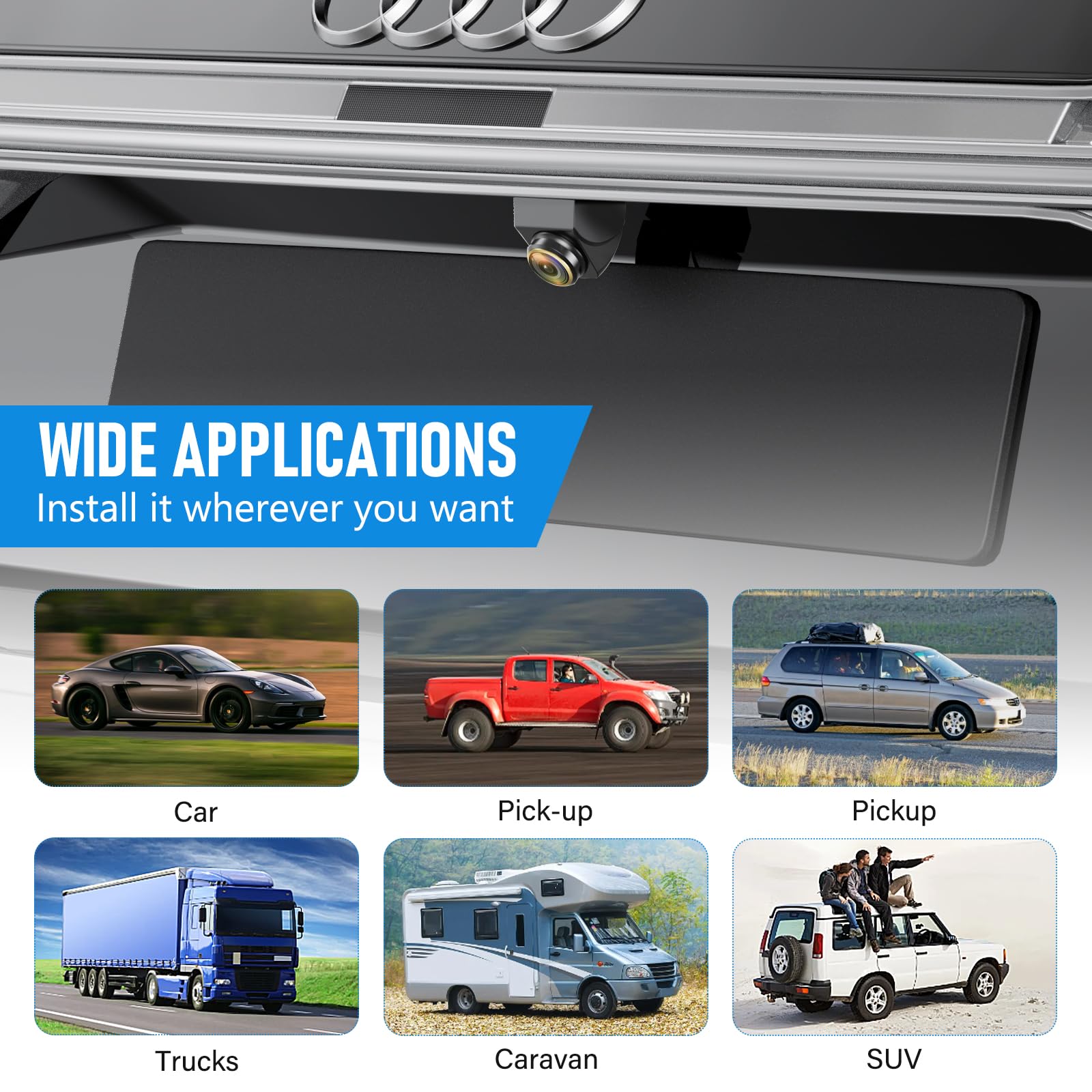 720P Caméra de Recul, 360° Réglable Caméra de Recul Voiture, 170° Grand Angle Objectif Fisheye AHD/CVBS Universelle Vision Nocturne IP68 Étanchéité pour Voiture, SUV, Remorque, Van, Pick-up