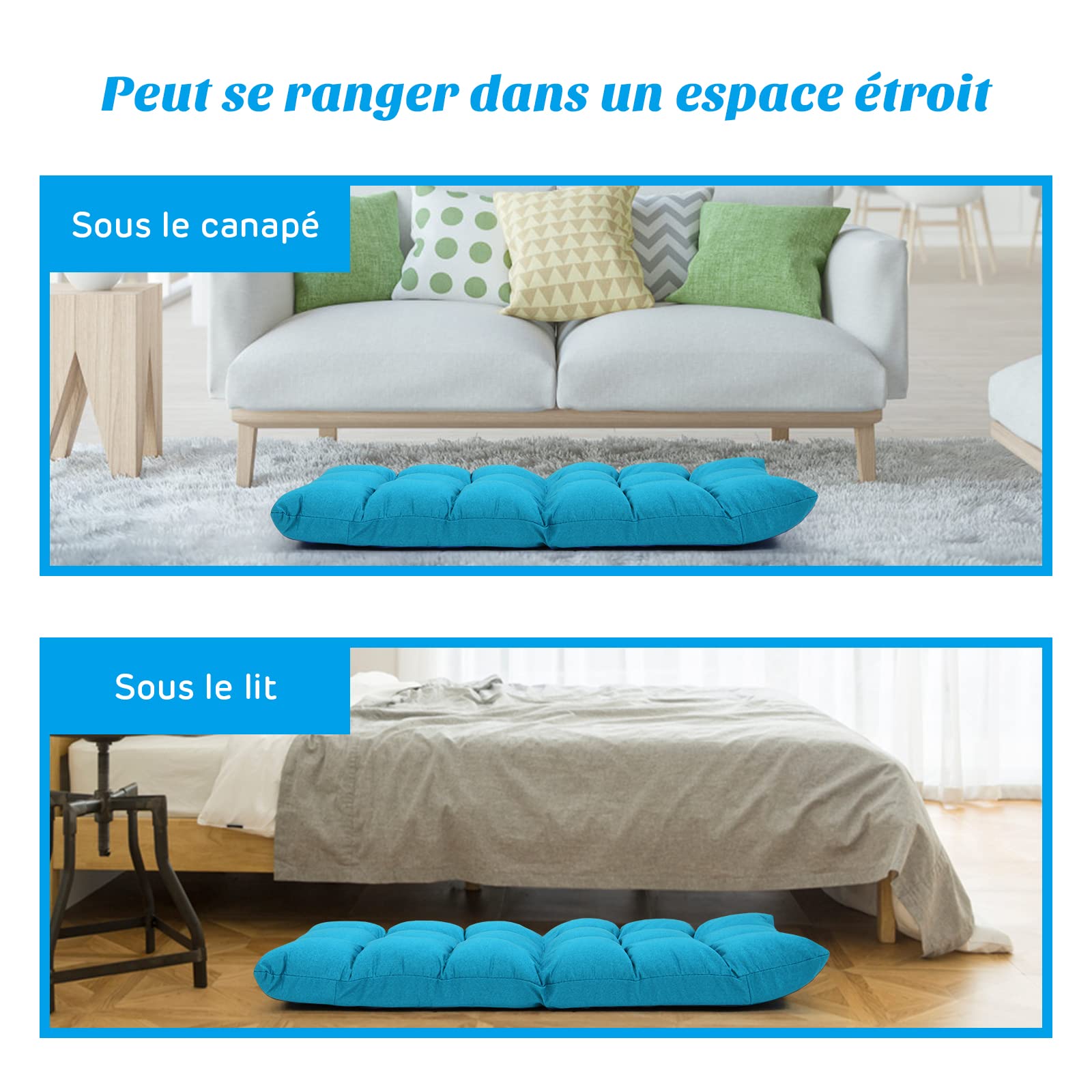 COSTWAY Chaise de Sol pour Méditation - 14 Positions Réglable Cadre en Acier Robuste Tissu en Coton et Lin Respirant,Housse Amovible et Lavable Idéal pour Salon et Salle d'étude (Bleu Poan)