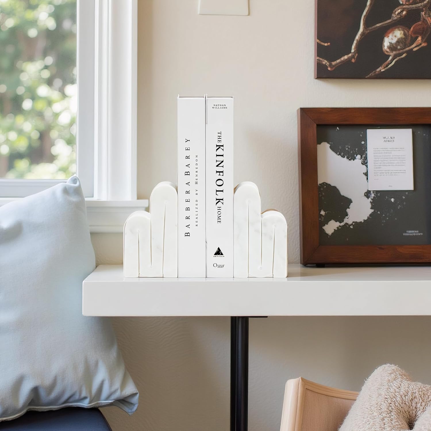 Sagebrook Home Set of 2 Modern Marble Bookends - White Stone Decorative Organizer for Home, Office, Bedroom & Living Room - Heavy Duty 6" Supports for Books & Magazines