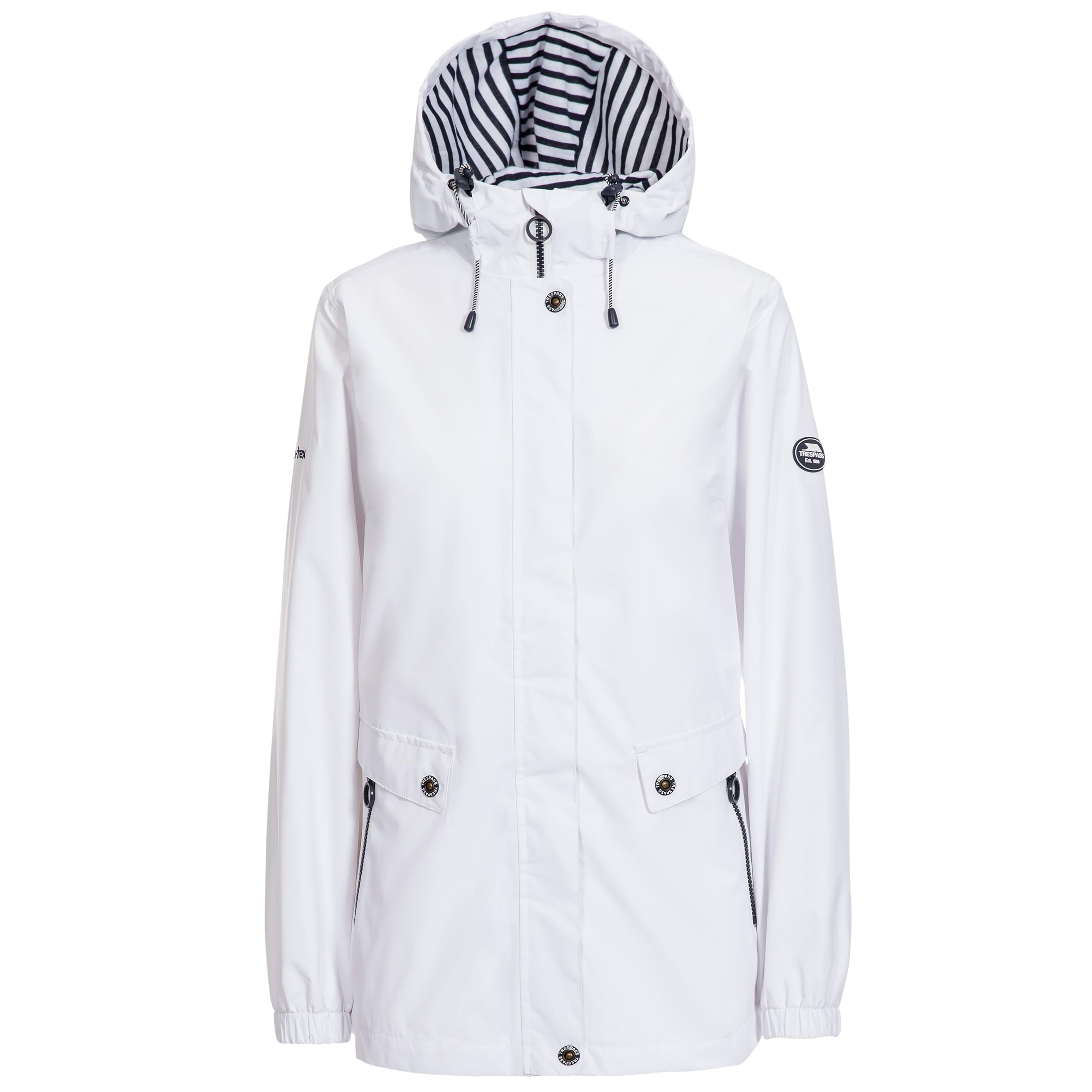 Trespass Women's White Waterproof Jacket Flourish C-Taffeta Lining, Striped Jersey Lined Adjustable Hood, 2 Zip Pockets, Adjustable Back Waist, Curved Hem, Elasticated Cuffs, Contrast Trims, Bust Darts