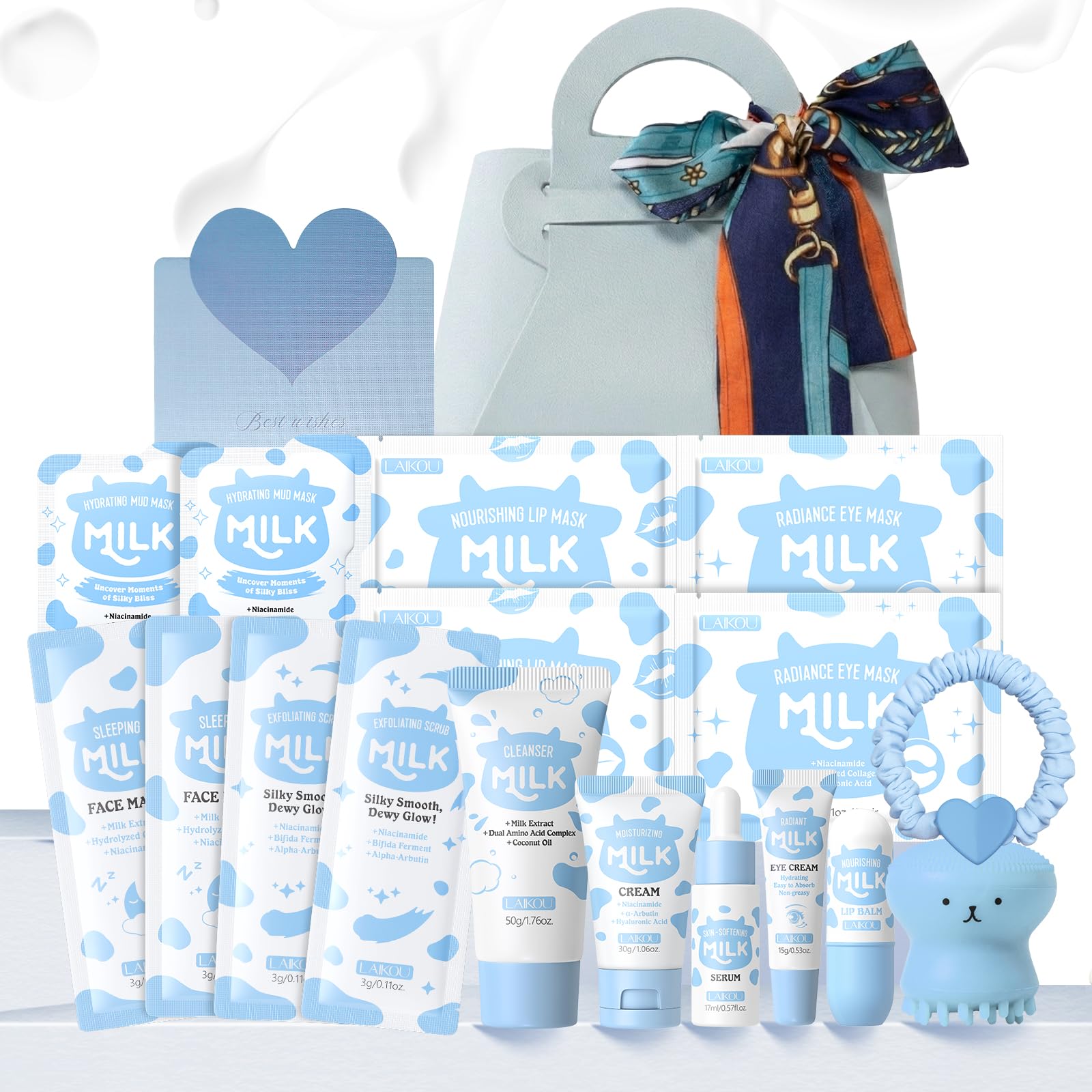 LAIKOU Milk Skincare Set, Kit Soins Ado Fille, 18 Pièces Coffret Soin Visage Format Voyage, avec Nettoyante Crème Masque Patch Lèvres Elastique Cheveux, pour Hydratant Nourrissant & Éclat