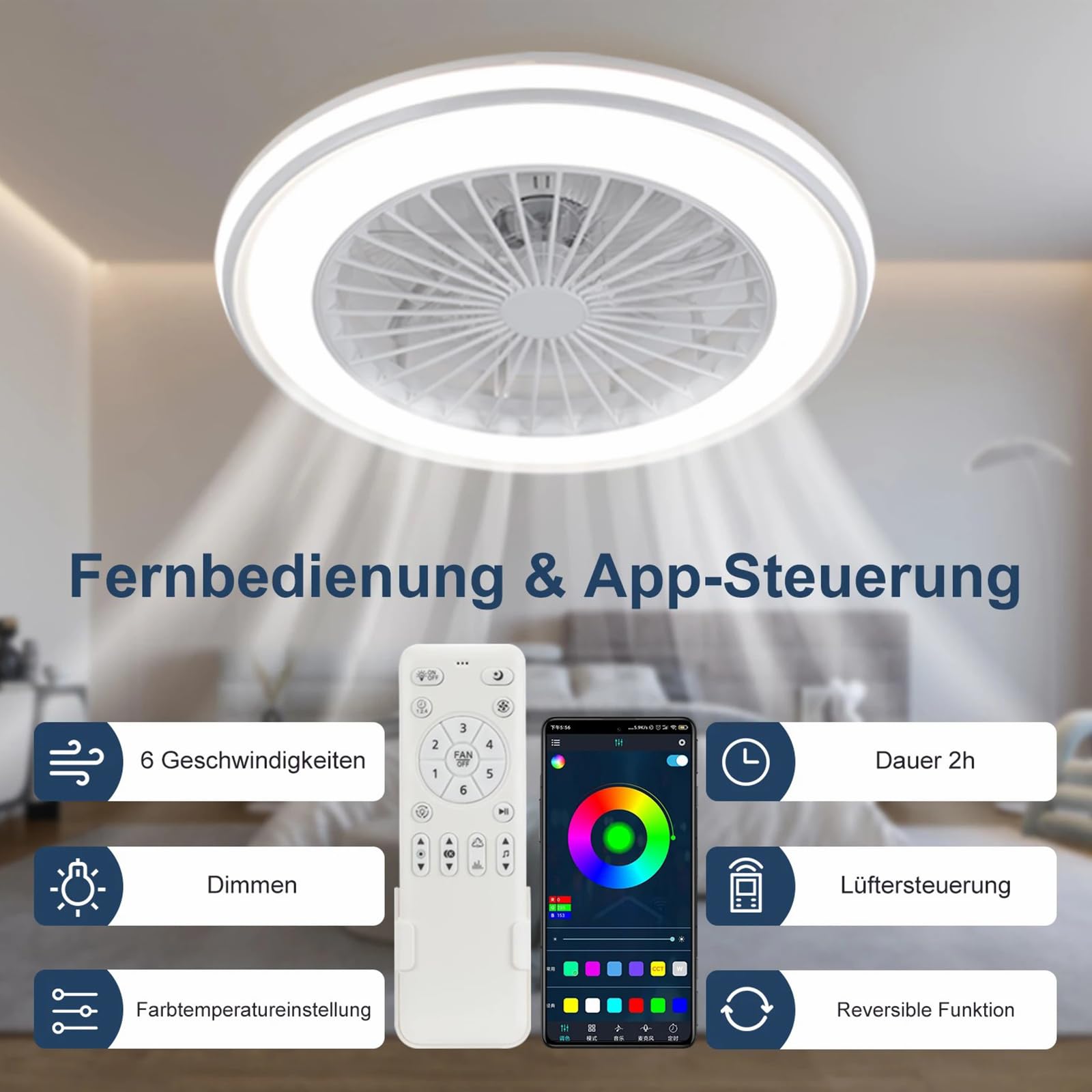 Ø50CM RGB Lampada Ventilatore Soffitto con Telecomando per Soggiorno | LED Lampadario Ventilatore con Altoparlante Bluetooth 6 Velocità Reversibile Dimmerabile Timer APP per Camera da Letto