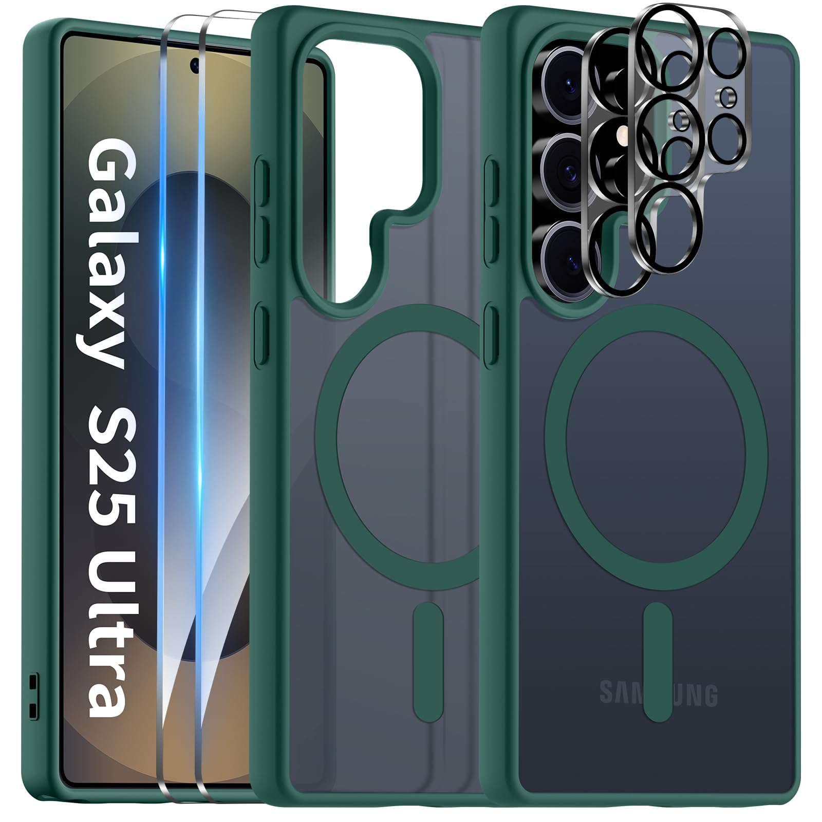 COPIKE Cover Magnetica per Samsung Galaxy S25 Ultra con 2 Pezzi Vetro Temperato e 2 Lente Fotocamera Protezione, Custodia Sottile Antiurto Posteriore Glassata Traslucida Anti-Impronte, Opaca Verde