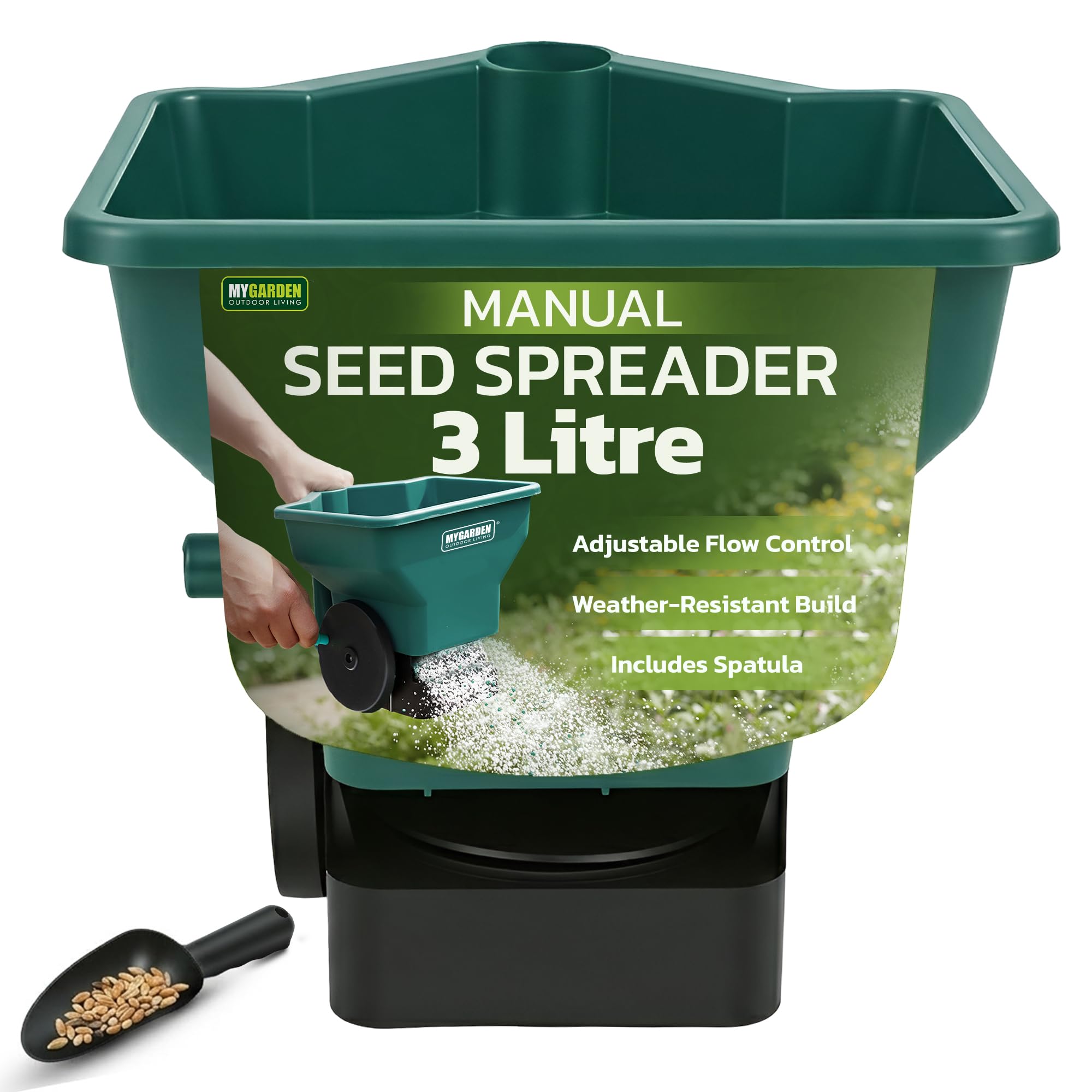 My Garden Seed Spreader 3L with Spatula - Handheld Seed Dispenser - Durable & Lightweight Evenly Grass Seed Spreader - Perfect for Small to Medium Gardens