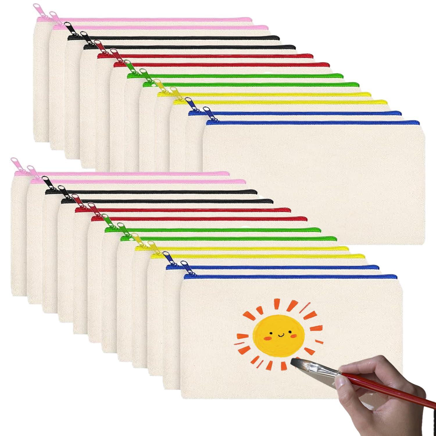 24 Stück DIY Blanko Stoffbeutel, Stoff Federmäppchen zum Bemalen, Bunt Stoffbeutel Zum Bemalen, 12 x 21cm Stoff Mäppchen zum Bemalen, Segeltuch Kosmetiktasche, Tasche Zum Bemalen für Kinder